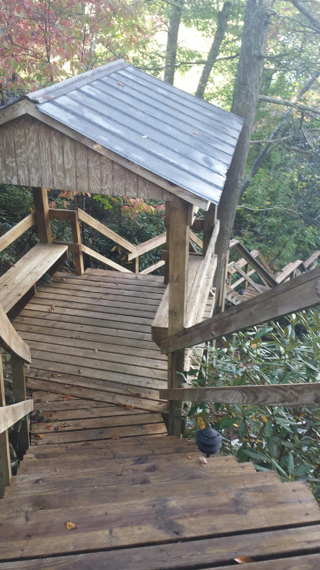 Metal roofed shelter over wooden steps on a wooded walkway — Skylight Repair & Installation work by our crew in Greendale